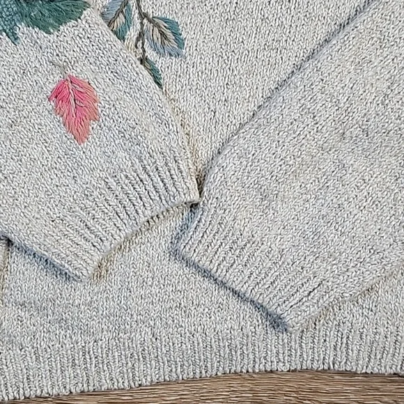 VTG Monterey by Koret Linen Cotton Knit Cream Cardigan w Embroidered Leaf Motif - Picture 8 of 16